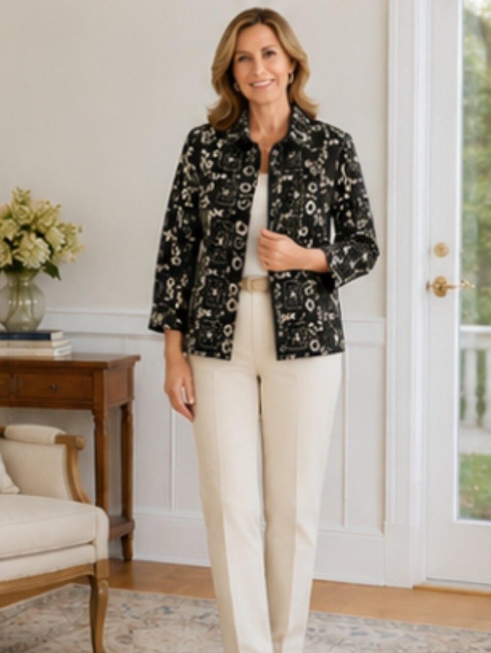Alfred Dunner Petite 8 Linen Blend Embroidered Floral Jacket Blazer